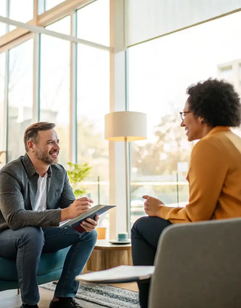 An image of a professional coach and client engaged in a focused one-on-one session in a comfortable office setting, representing a single coaching session.