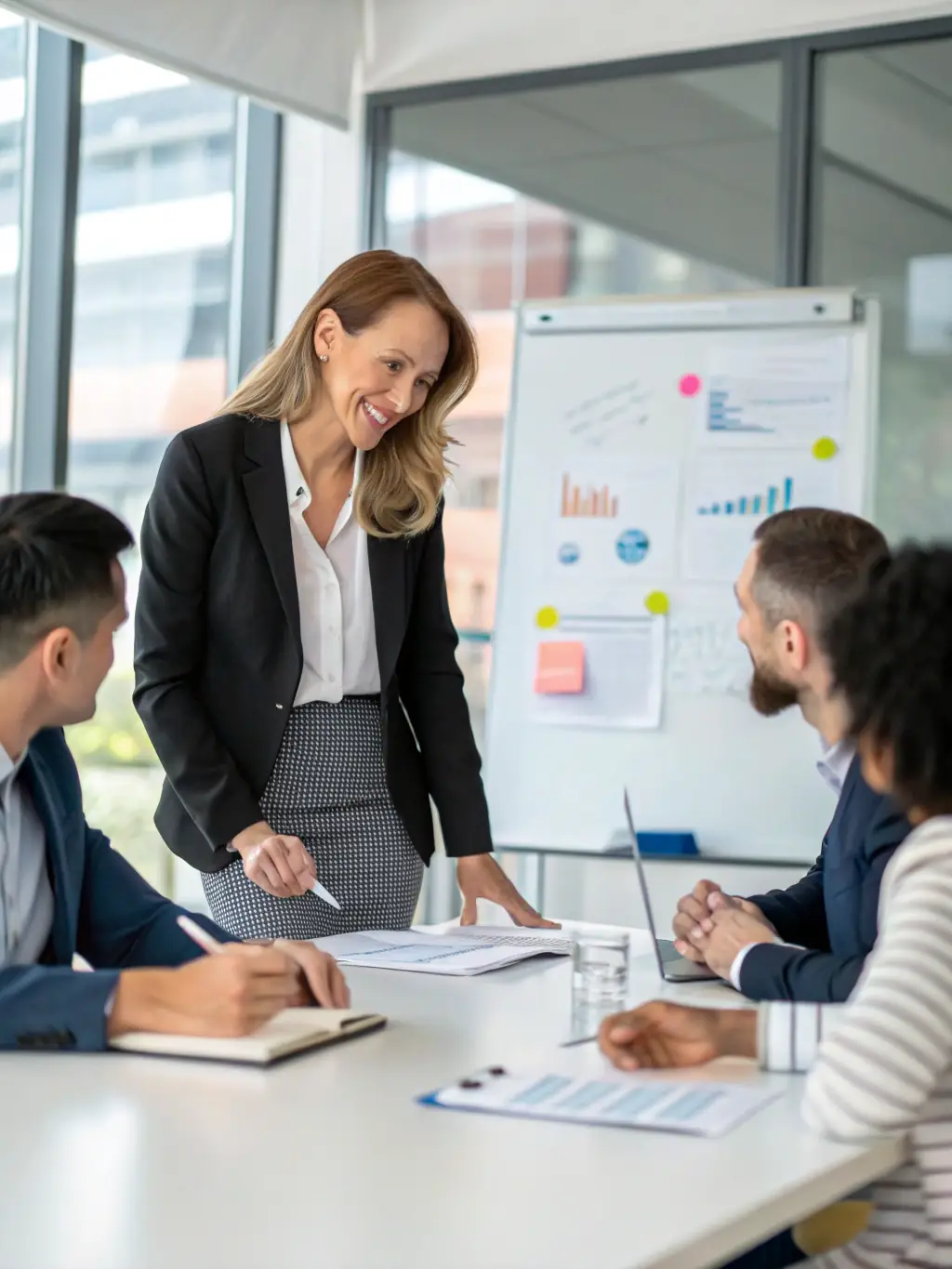 A confident executive leading a team, symbolizing leadership growth and effective communication.