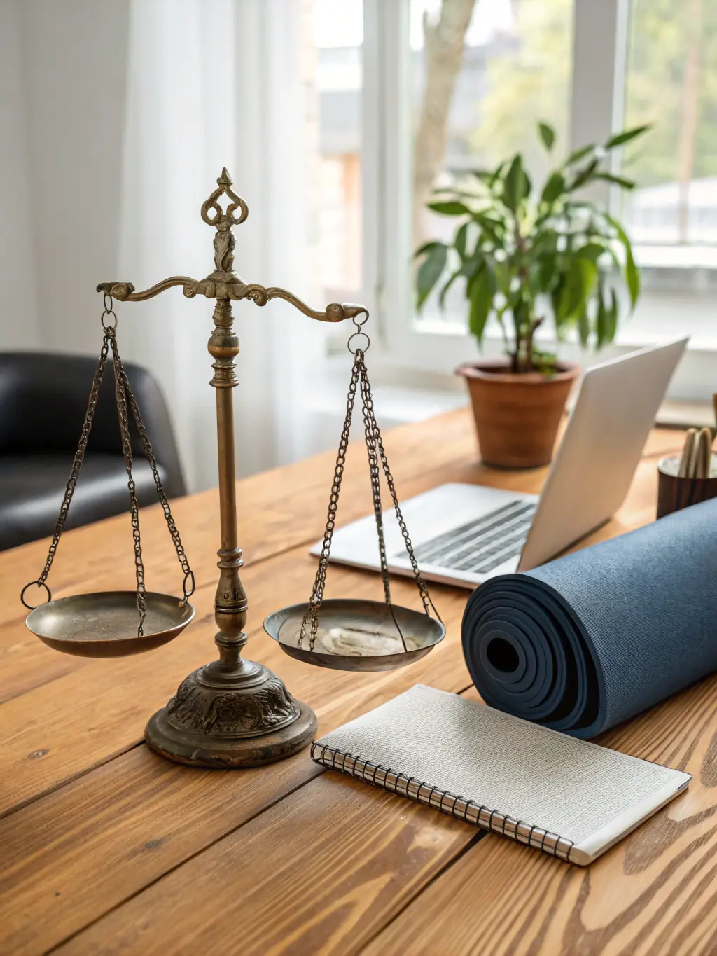 A balanced scale with work items on one side and personal items on the other, representing the concept of work-life balance.