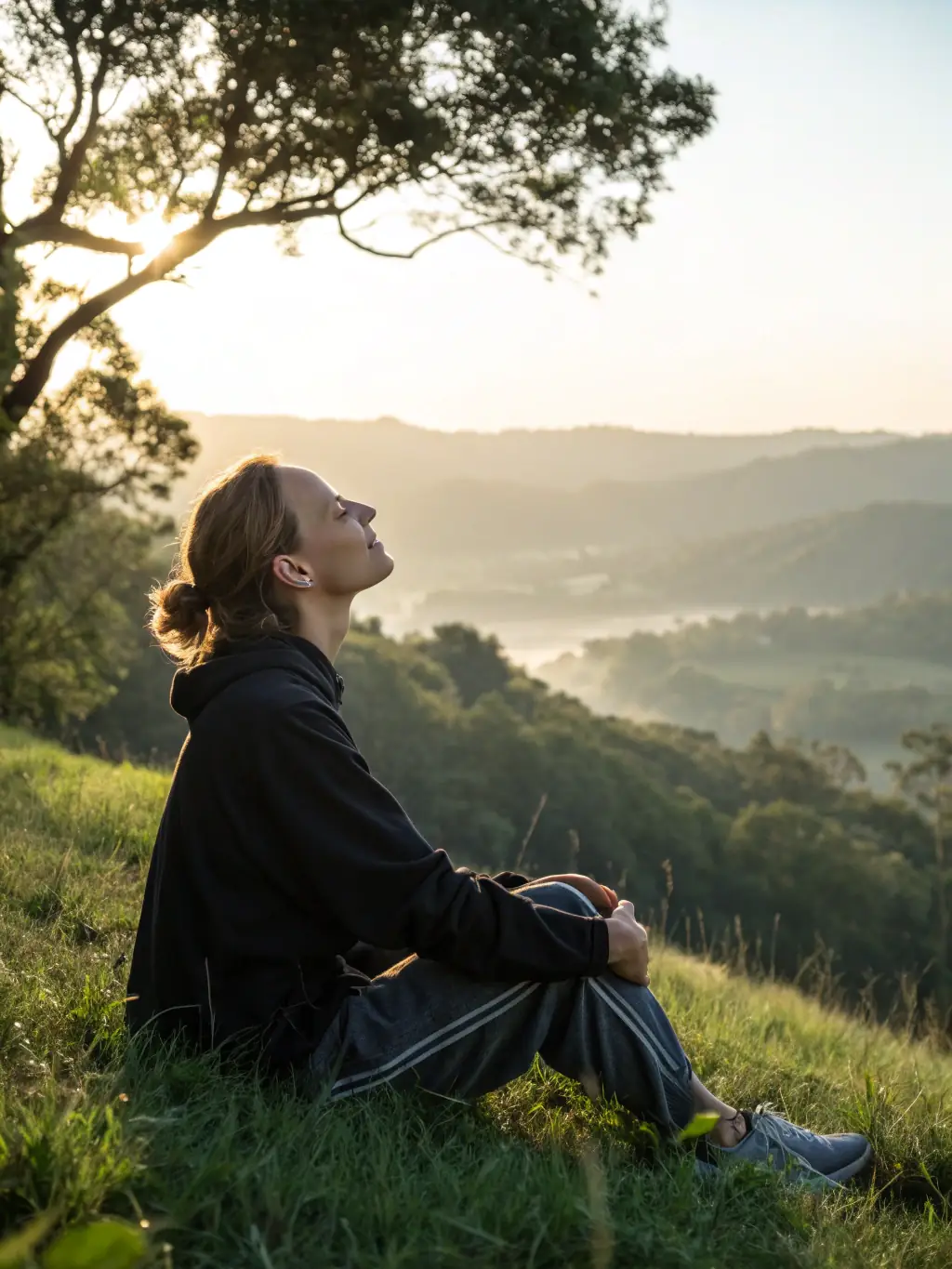 A serene image of a person meditating outdoors at sunrise, symbolizing stress reduction and mental clarity, representing the benefit of burnout recovery content.