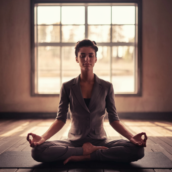 Executive woman in business suit meditating on a yoga mat in a bright office, using mindful breathing to empower her day in 10 minutes or less.